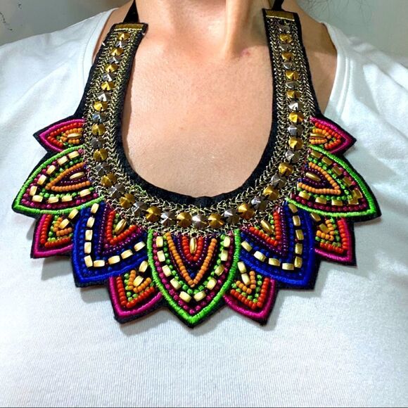 Fuschia Sunset Queen Huichol Statement Necklace - Picture 2 of 4